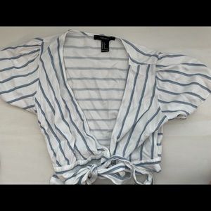blue & white stripe wrap front blouse